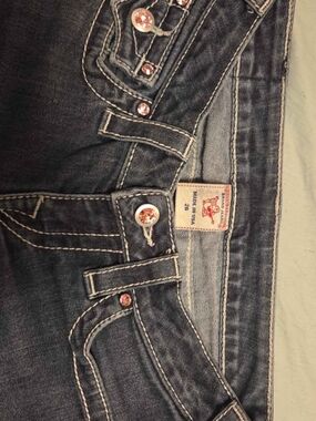 True Religion Dark Wash Bootcut Jeans with Pink Gem Accents